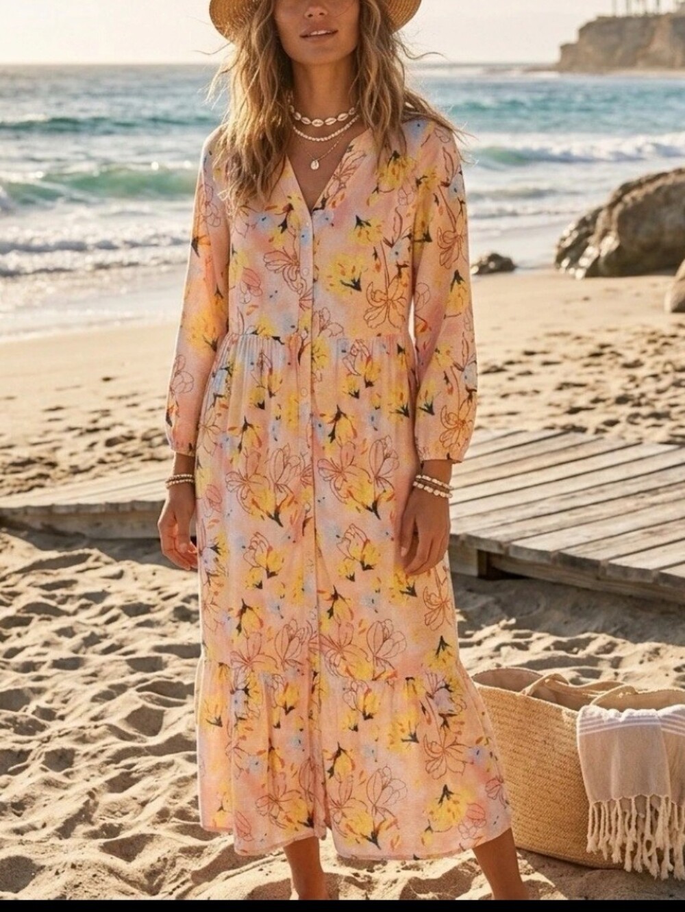 Style & Co Aries Linen Blend Floral Button Maxi Dress NWT